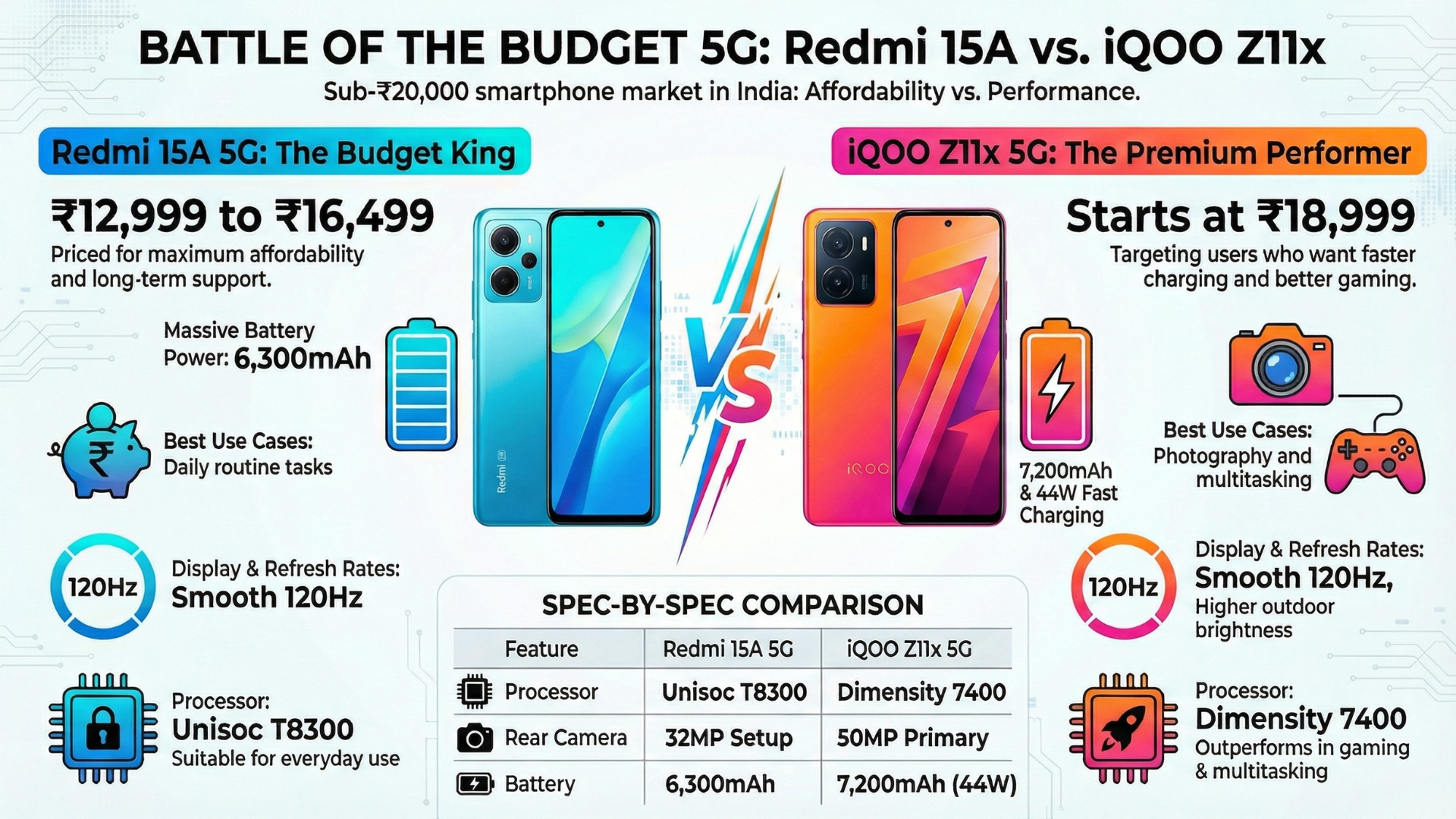 Redmi 15A 5G vs. iQOO Z11x 5G: The Smartphone Showdown Under ₹20,000